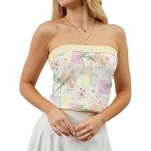 Women Strapless Reversible Foldover Tube Top Y2K Floral Print Graphic Crop Bandeau Tops Sleeveless Slim Fit Shirt