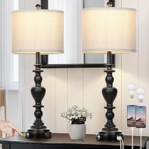 27" Farmhouse Vintage Lamps Set of 2 with USB C+A Charging Ports, Black Rustic Touch Control Table Lamp for Living Room, 3-Way Dimmable Traditional Nightstand Bedside Lamp Linen Washed for Bedroom