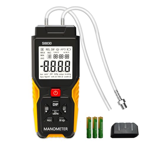 Manometer Gas Pressure Tester Digital Gas Manometer HVAC, Dual-Port Air Pressure Meter with 12 Measurement Units, S8830 Differential Pressure Gauge for Air and Non-Corrosive Gases