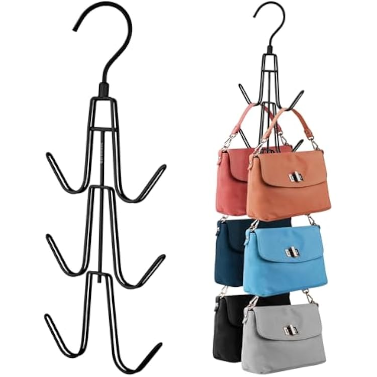 ZEDODIER Purse Organizer for Closet, Heavy-Duty Hanging Purse Hanger Closet Holds Up to 6 Purses, Metal Rotating Space Saving Bag Holder Handbag Storage Hook Backpack Rack, Black