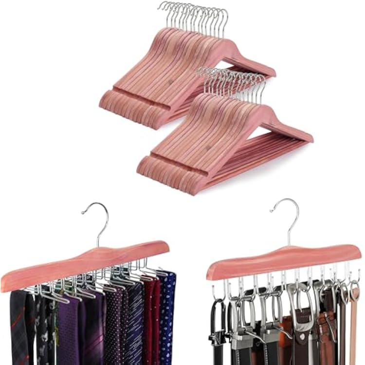 TOPIA HANGER American Red Cedar Wooden Hangers 30 Pack, Tie Rack 1 Pack, Belt Hanger 1 Pack