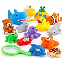 15 PCS Ocean Animals Rubber Bath Toy Water Squirters with Floating Bathtub Squeeze and Play Soft Sea Creatures anf Fishing Net for Baby, Toddlers and Kids