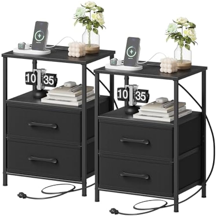 TRIFEBLE Nightstands Set of 2, Night Stand with Charging Station, Bedside Table with 2 Fabric Drawers for Bedroom, Small Side End Table with Open Shelf, Black