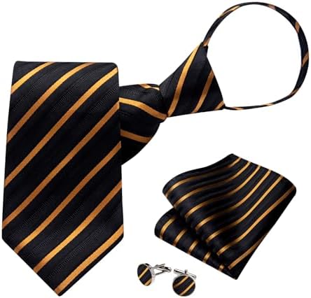 DiBanGu Silk Zipper Ties for Men,Paisley Solid Plaid Pre-tied Tie and Pocket Square Cufflinks Set Formal Adjustable Necktie