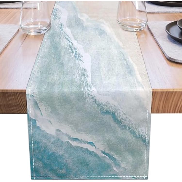 Coastal Table Runner Beach Coffee Table Runner Linen Farmhouse Dress Scarves Teal Blue Tablerunner for Kitchen Dinner Ocean Nautical Decor 13 x 36, Coastal