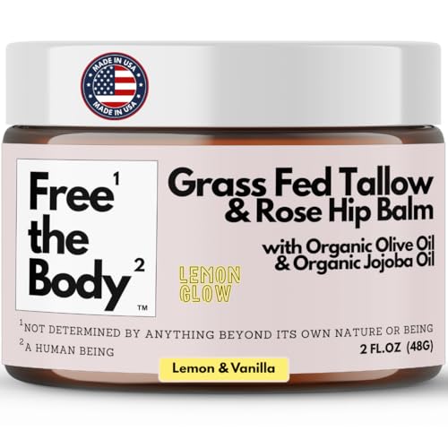 Grass Fed Tallow Balm, Moisturizing Dry Skin Care, 2 Fluid Ounces, All Skin Types, Natural Ingredients with Rosehip Oil and Olive Oil 2oz, Lemon Glow