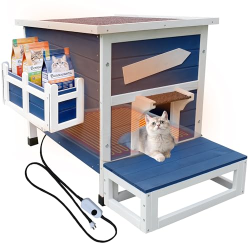 Rockever Heated Cat House for Outside Cats in Winter, Large Heated Cat Houses with Heating Pad, Wooden Outside Cat Shelter Weatherproof with Escape DoorBlue
