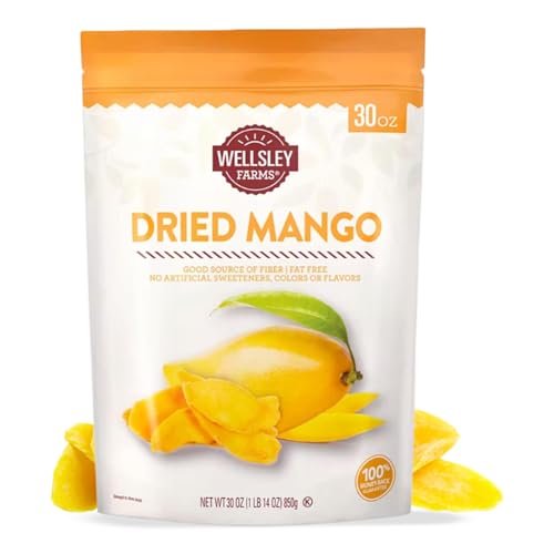 Wellsley Farms Dried Mango Slices - Non-Acidic Soft Chewy Dry Mango - Fat Free & High in Vitamin C - Good Source of Fiber - Dried Mango Snacks in Resealable Pouch for Travel & Lunch - 30oz 1 Pack