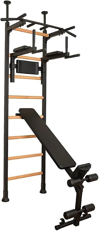 523B Wallbars, Stall Bars, Swedish Ladder, Gymnastic Ladder with Fixed Steel 6-Grip Pull Up Bar, Dip Bar with Back Support, Advanced Rotatable Workout Bench with Leg Support Rollers