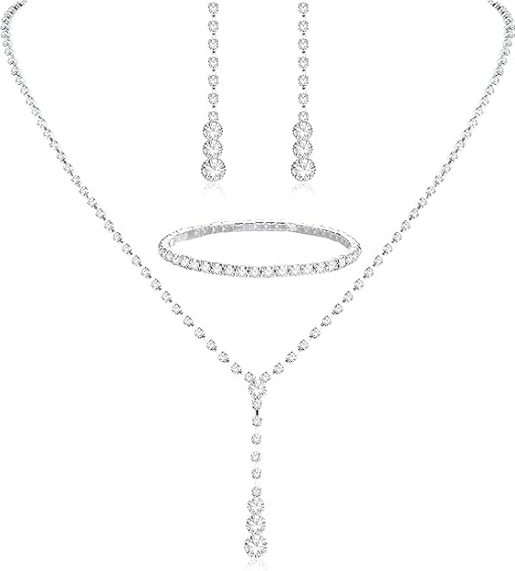 Silver Bridal Jewelry Set Rhinestone Necklace Bracelet Dangle Earrings for Bride Bridesmaid Teardrop Pendant Crystal Wedding Prom Jewelry Accessories for Women(2 earrings and 1 necklaceand 1 bracelet)