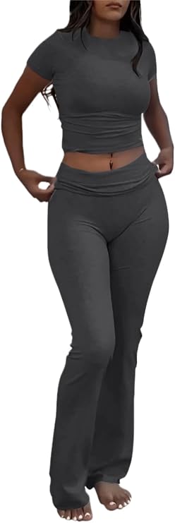 AYWA Women's 2 Piece Lounge Sets Short Sleeve Crop Top Foldover Flare Pants Casual Pajama Outfits