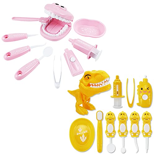 Bundle 19PCS = 9PCS Plastic Simulation Dentist Play Set Pink  10PCS Plastic Dinosaur Simulation Dentist Play Set Yellow