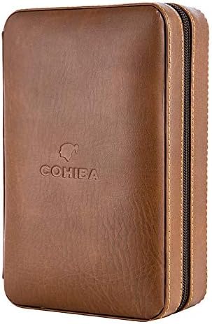 Brown Leather Cedar Wood 4 to 6 Ct Cigar Humidor Travel Case Holder with Cutter & Black Lighter Gift Set
