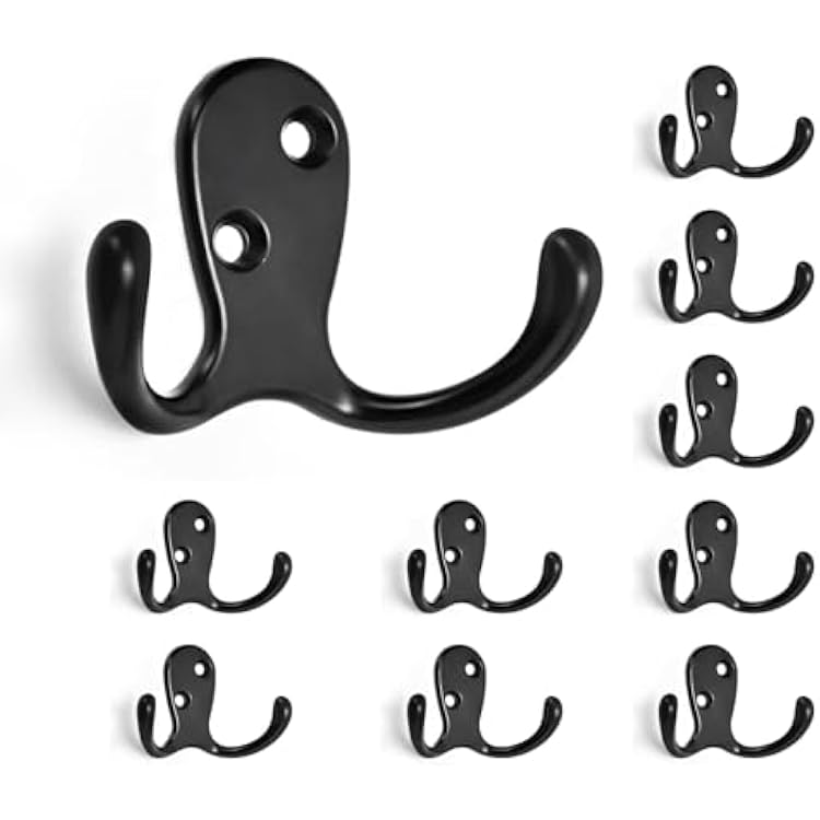 HOMOTEK 10 Pack Heavy Duty Coat Hooks Wall Mounted Double ProngLeft and Right Rustproof Coat Hook Hardware Retro Dual Robe Hanger for Coat,Towel, Scarf, Hat, Bag, Key, Shoes, Matte Black