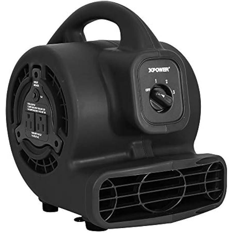 XPOWER P-80A Mini Mighty 138 W 600 CFM Centrifugal Air Mover, Carpet Dryer, Floor Fan, Blower, Stackable, Daisy Chain, for Water Damage Restoration, Janitorial, Plumbing, Home Use, Black