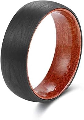 POYA Wedding Band for Men Women Black Carbon Fiber Ring with Rosewood Interior