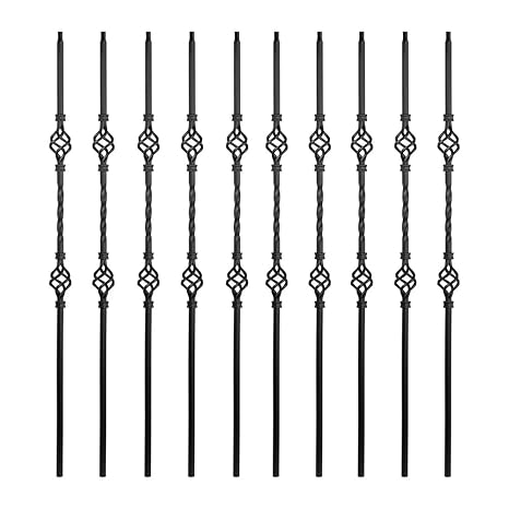 Iron Balusters for Staircase Interior (Box of 10) Stair Spindles 1/2" Square Balusters - Hollow Double Basket Single Twist Stair Balusters (Real Satin Black), E06
