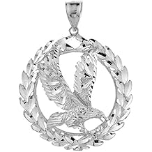 .925 Sterling Silver 2-1/3" Patriotic USA American Eagle with Olive Wreath Peace Round Pendant Necklace - Choice of Chain Length