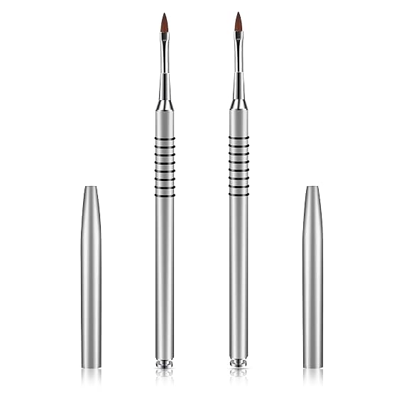 Hariendny 2 Pack 3D Nail Art Brush for Acrylic, Kolinsky Acrylic Nail Brushes Set, Nail Lining Brush Nail Salon Painting Brush Pen with Non-Slip Handle, Silver Metal Nail Art Pen (Size #2)