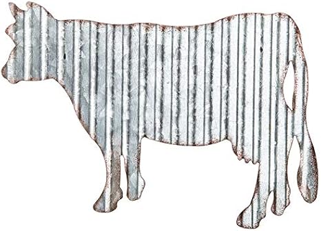 Everydecor Cow Galvanized Metal Wall Art Decor - Corrugated Rustic Metal Hanging Sign Farm Animals Cow Silhouette Kitchen Fence Decor