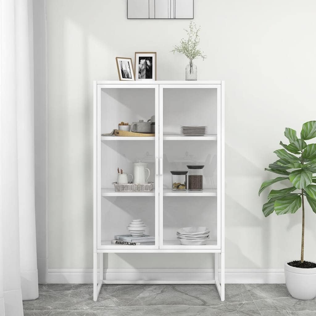 Highboard,Office Cabinet,Storage Cabinet,Filing Cabinets for Storing or Displaying Your Personal Items,Books White 31.5x13.8x53.1 Steel and Tempered Glass