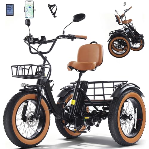 Electric Tricycle for Adults 750W 48V15Ah Etrike 20x4 Fat Tire Electric Trike 3-Wheel Folding Electric Tricycle Max 20MPH with a Large-Capacity Bike BasketBlack