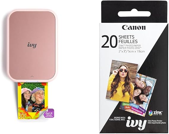 Canon IVY 2 Mini Photo Printer, Print from Compatible iOS & Android Devices, Sticky-Back Prints, Blush Pink + ZINK Photo Paper 20 Sheets Pack