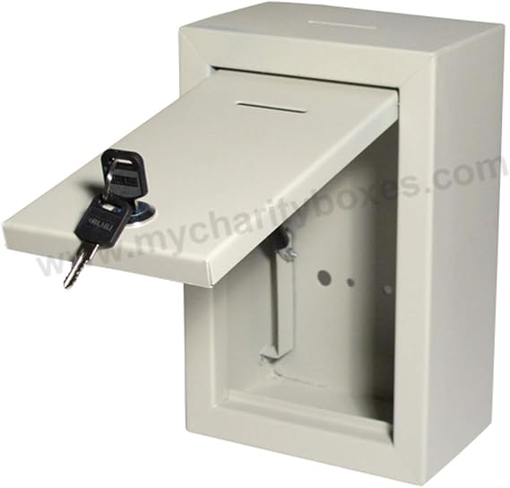 Metal Donation Charity Collection Box Secure Heavy duty Durable steel lock box extra thick metal door open to top slot on top and front of box lock with keys