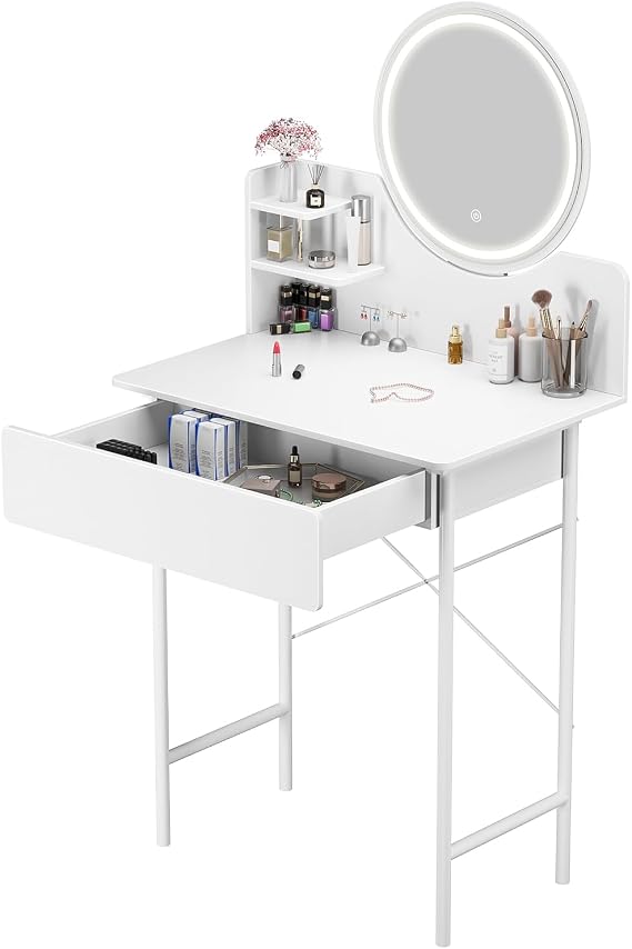 Makeup Vanity Desk with Round Mirror and LED Lights, Modern Minimalist White Makeup Table with 2 Open Shelves, Small Vanity Table for Bedroom with 3 Lighting Color Adjustable White