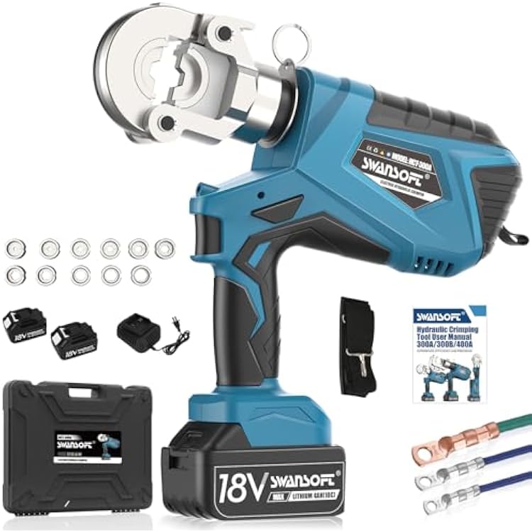 SWANSOFT Electric Hydraulic Crimping Tool, 6Ton 6AWG-600MCM Continuously Crimp Hydraulic Wire crimper for CuAl Terminal, Crimp 30000 Times Wire Cable Lug Crimping Tool Kit with 11 Dies 300A