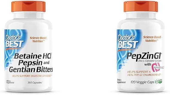 Doctor's BEST Betaine HCI Pepsin Gentian Bitters 360 Count & PepZin GI Zinc-L-Carnosine Complex 120 Veggie Caps Digestive Support