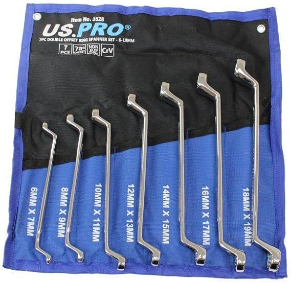 US PRO Tools 7 Piece Double Offset Ring Spanner Wrench Set 6-19MM 75DEG 3528