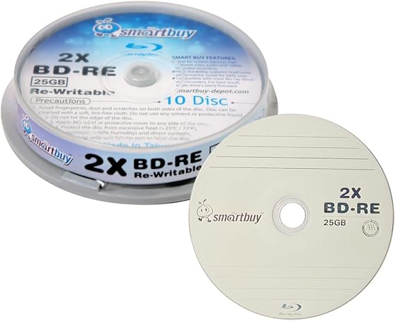 10 Pack Smartbuy 2X 25GB Blue Blu-ray BD-RE Rewritable Logo Top Blank Disc