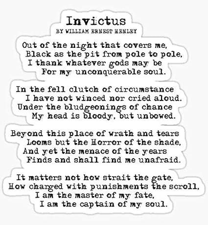 Invictus Poem - Sticker Graphic - Auto, Wall, Laptop, Cell, Truck Sticker for Windows, Cars, Trucks