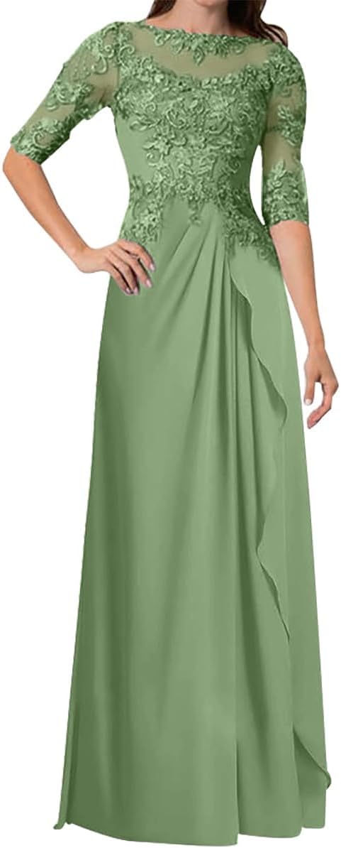 Mother of The Bride Dresses A-line Scoop Illusion Floor Length Chiffon Lace Wedding Guest Dress Long Formal Evening Gowns