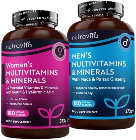 Women's & Men's Multivitamins and Minerals Bundle - Essential Active Vitamins and Minerals - 2 x 180 Tablets - High Strength Vegan Multivitamin Tablets for Men & Women - Made in the UK by Nutravita