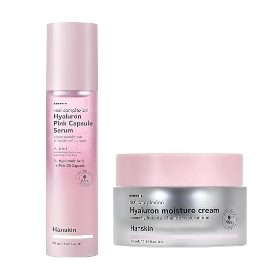 Hanskin Intensive Hydration & Glow Duo Hyaluron Pink Capsule Serum & Moisture Cream | Deep Hydration, Glass Skin Radiance & Pink Glow Nourishing Care for Dry & Sensitive Skin | Korean Skincare