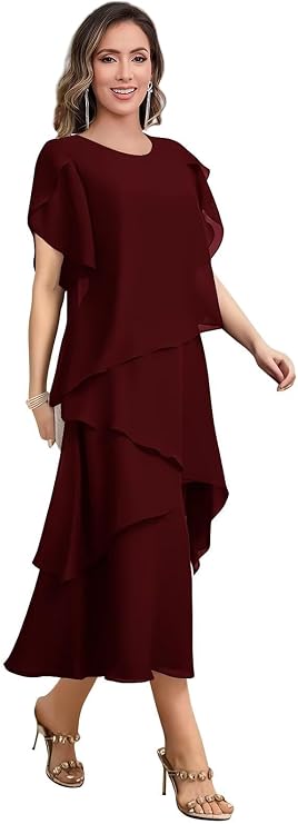 Flowy Chiffon Tiered Mother of The Bride Dresses for Women Tea Length Short Sleeve Formal Wedding Guest Dresses