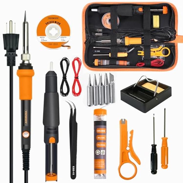 TOWOT Soldering Iron Kit, Electronic Soldering Iron 60W Adjustable Temperature, Deoldering Pump, Tin Wire, Solder Wick, Tweezers, Soldering Iron Tips Set, Soldering Iron Stand, Wire Strippers