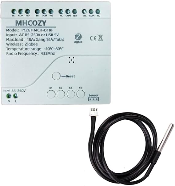 Zigbee Temperature Controller with Waterproof Temperature Sensor Probe ,Tuya app Remote 4 Channel 10A Clean Contact Relay Switch(tuya zigbee hub Needed)