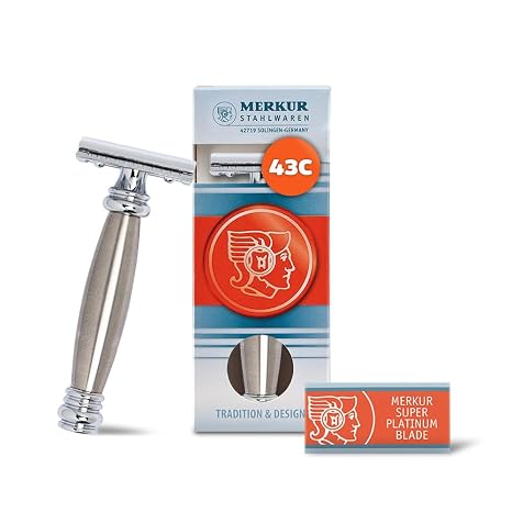 MERKUR 43C Double Edge Safety Razor, Heavy Stainless Steel Handle, Two-Piece Design, Closed Comb Straight Bar, Bright Chrome Finish, Made in Germany