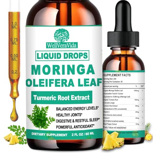 Organic Moringa Liquid Drops, Pure Moringa Oleifera Leaf Extract w. Turmeric, Black Pepper & Vitamin C E, Moringa Supplemens for Activates AMPK & GLP-1, Energy Antioxidant Skin Gut