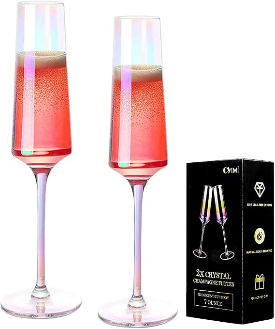 Crystal Champagne Glass Flutes Set of 2 Iridescent, Premium Modern Champagne Glasses, Hand Blown Pearl Classic Champagne Flutes for Elegant Gift(Colorful,7 OZ)