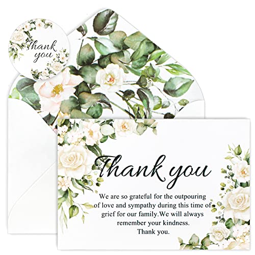 AnyDesign 48 Pack Funeral Thank You Cards White Rose Sympathy Thank You Cards with Seal Stickers Envelopes Floral Bereavement Card with Message for Memorial Service Loved Ones Celebration of Life