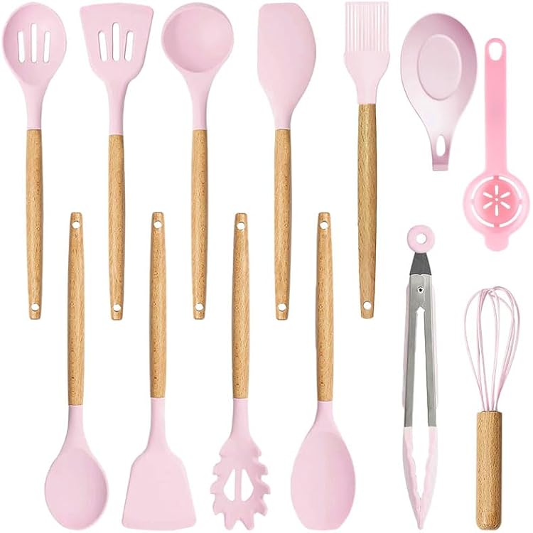 Kitchen Cooking Utensil Set, 14 Piece Silicone Kitchen Tool Set - 446°F Heat Resistant Scald Resistant Kitchen Utensils & Gadgets, BPA Free Machine Washable Kitchen Utensil Set pink
