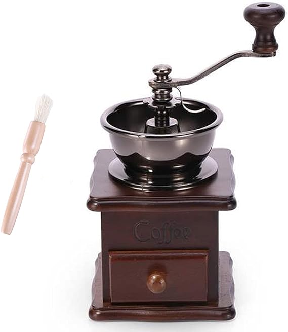 Wooden Manual Coffee Grinder Vintage Style Hand Coffee Mill Burr Coffee Grinder with Ceramic Hand Crank,Wooden Manual Coffee Grinder Cleaning Brush, Brown, 19 x 8.5 x 16 cm