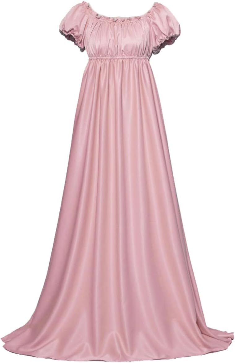 AwwwCos Womens Daphne Regency Dress Jane Austen Style High Waistline Ruffled Puff Sleeve Victorian Long Ball Gown Tea Party
