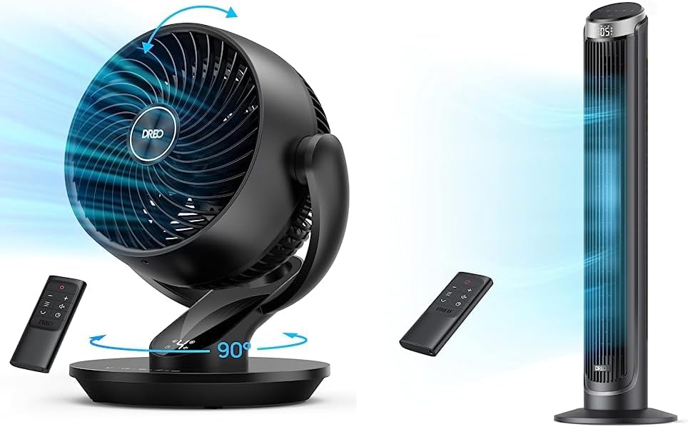 Dreo Table Fans for Home Bedroom, 9 Inch Quiet Oscillating Floor Fan with Remote, Air Circulator Fan & Tower Fans for Home, 90° Oscillating Fans, 40 Inch Quiet Bladeless Standing Floor Fan