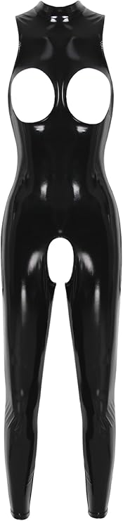 Women's Wet Look Leather Open Cups Crotchless Catsuit Leotard Romper Jumpsuit Clubwear