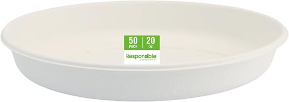 Responsible Products 20 oz Oval Disposable Bowls I Tree-LessTM Compostable Molded Fiber Burrito Bowls I Extra Strength I NO-PFAS I Classic White (50 Count)